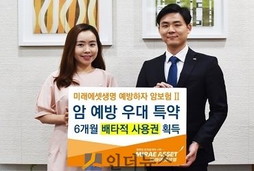 미래에셋생명(대표이사 김재식)은 최근 출시한 ‘예방하자 암보험 Ⅱ’의 ‘암예방우대특약’이 생명보험협회 신상품심의위원회로부터 6개월간의 ‘배타적 사용권’을 획득했다고 13일 밝혔다.