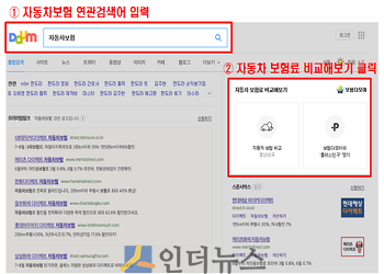 다음 검색창에서 자동차보험 연관검색어 입력했을 때 화면.(출처: 금융위원회)