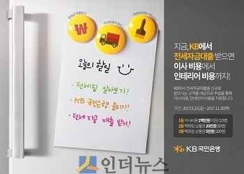 B국민은행(은행장 윤종규)은 가을철 이사 시즌을 맞이해 오는 11월 말까지 전세자금대출 신규 고객을 대상으로 이사비와 인테리어비용을 지원하는 이벤트를 진행한다고 22일 밝혔다.