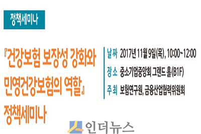 보험연구원(원장 한기정)은 오늘 오전 10시부터 중소기업중앙회 그랜드홀에서 ‘건강보험 보장성 강화와 민영건강보험의 역할’ 세미나를 개최한다고 9일 밝혔다.
