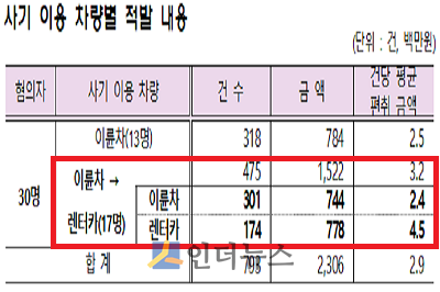 사기 이용 차량별 적발 내용. (출처: 금감원)