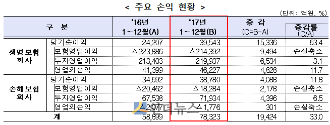 2017년 보험사 주요 손익 현황. (출처: 금융감독원)