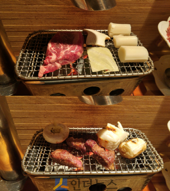 시술 전, 시술 후...가 아니라 막 올린 꽃등심과 먹기 직전의 꽃등심.