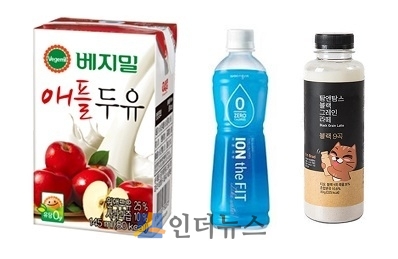 (왼쪽부터) 정식품 '베지밀 애플두유', 웅진식품 '이온더핏', 탐앤탐스 '블랙 그레인 라떼'