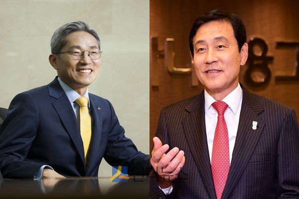 윤종규 KB금융그룹 회장(왼쪽)과 김정태 하나금융그룹 회장.