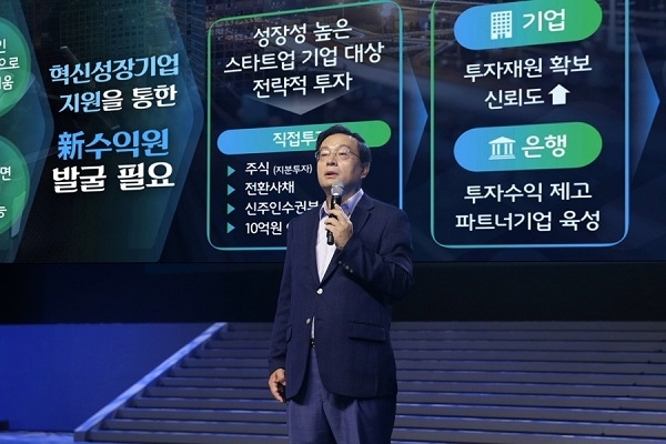 손태승 우리은행장(사진)이 지난 7월 ‘2018년 하반기 우리은행 경영전략회의’에서 혁신성장기업 육성정책을 발표하는 모습.(사진제공: 우리은행)
