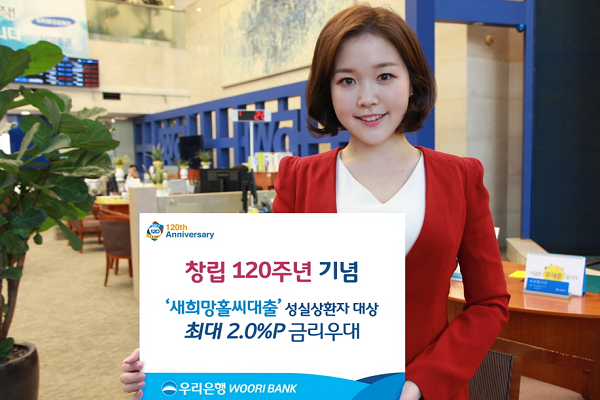 우리은행(은행장 손태승)은 창립 120주년을 맞아 서민들의 금융부담 경감을 위해 ‘우리새희망홀씨대출’의 금리를 최대 2.0%p 우대한다고 2일 밝혔다.