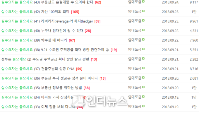 부동산 스터디 카페에 게시돼 있는 임대쪼금의 글 목록. (사진 : 붇옹산 스터디 카페 화면 캡처)