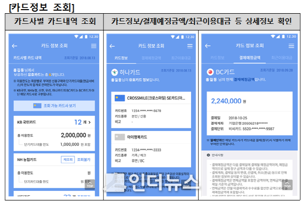 ‘내 카드 한눈에’ 모바일앱 카드정보 조회 예시 Image @ 금융감독원