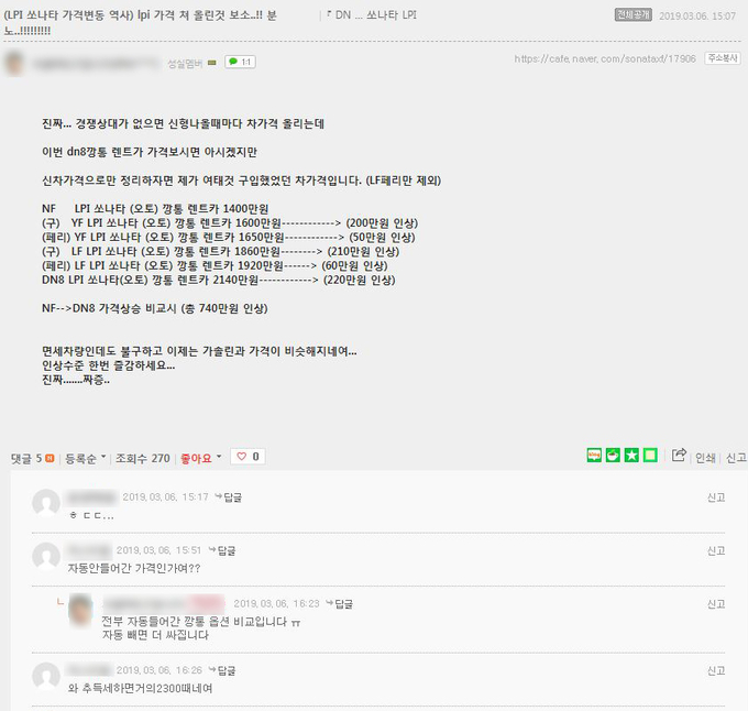 쏘나타가 세대를 거듭하며 가격이 크게 올랐다는 게시글. <br>
Image @ 쏘나타DN8 NO.1 CLUB 
