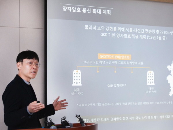 지난달 18일 복재원 SK텔레콤 Core Eng팀 리더가 양자암호통신 기술에 대해 설명하고 있다. Photo @ SK텔레콤