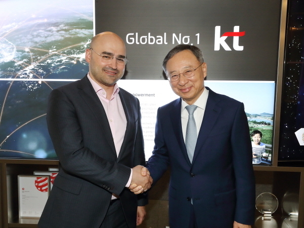 17일 황창규 KT 회장(오른쪽)과 알렉세이 코르냐 모바일텔레시스템즈(MTS)그룹 CEO (왼쪽)가 기념 촬영을 하고 있다. Photo @ KT