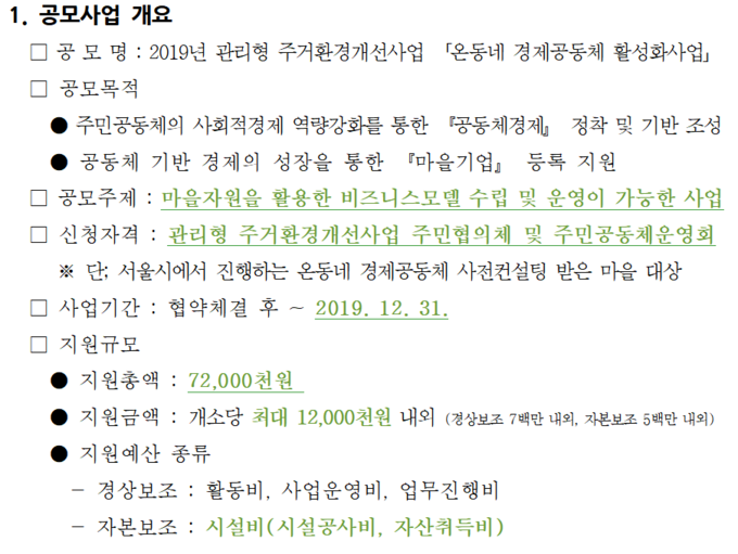 온동네 경제공동체 활성화사업 공모 개요. Image @ 서울