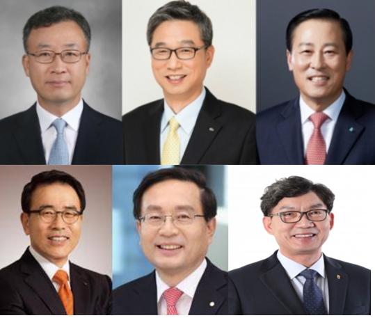 (왼쪽부터 시계방향으로) 심대훈 케이뱅크 행장, 허인 KB국민은행장, 김도진 IBK기업은행장, 이대훈 NH농협은행장, 손태승 우리금융지주 회장, 조용병 신한금융지주 회장 Photo @각 사