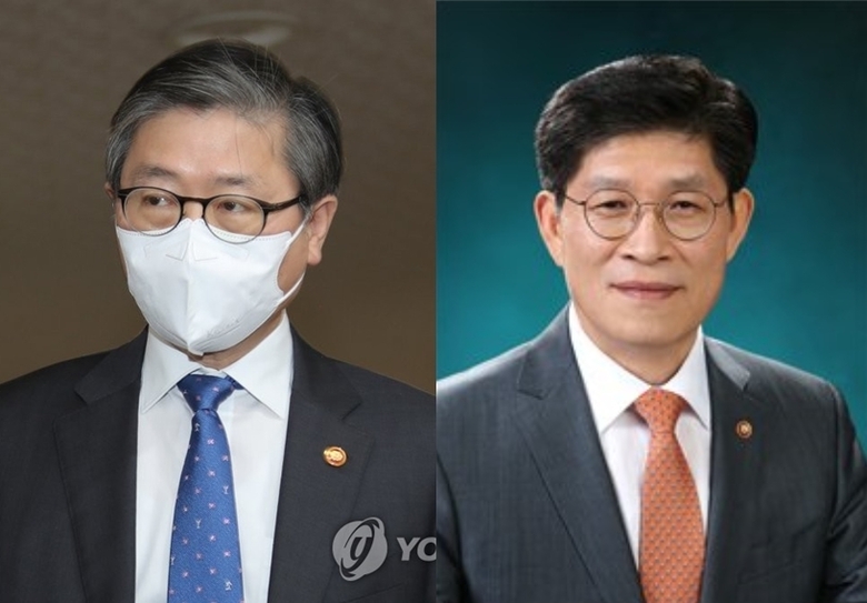 변창흠 국토교통부 장관(왼쪽)·노형욱 국토교통부 장관 후보자(오른쪽). 사진ㅣ연합뉴스