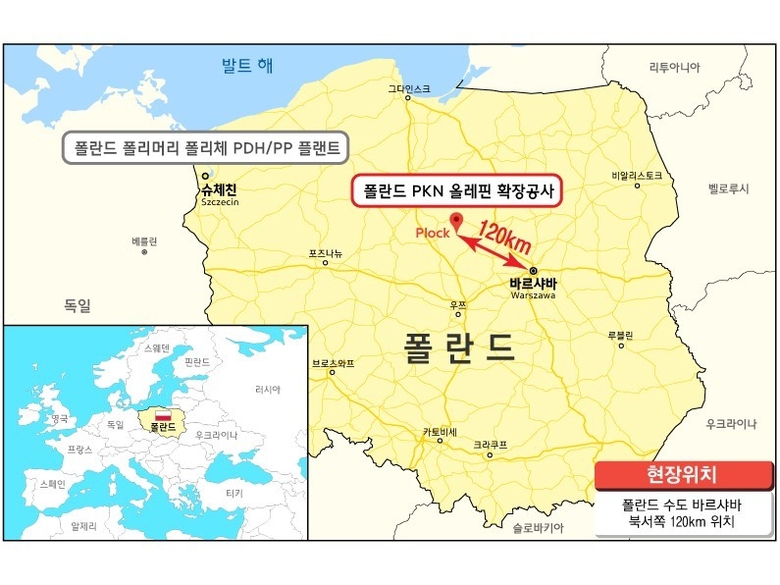 현대엔지니어링이 폴란드 석유화학 플랜트 사업의 우선협상대상자로 선정됐습니다. 이미지는 ‘폴란드 PKN 올레핀 확장공사 프로젝트’ 위치. 이미지ㅣ현대엔지니어링