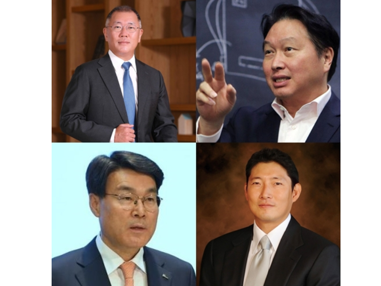 (시계방향으로) 최태원 SK그룹 회장, 조현준 효성그룹 회장, 최정우 포스코그룹 회장, 정의선 현대차그룹 회장. 사진ㅣ각 사