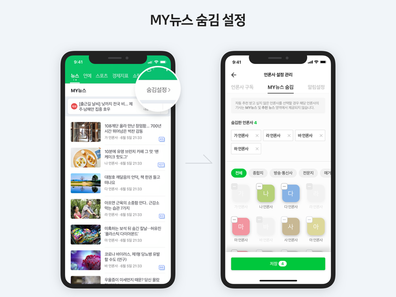 네이버 뉴스 서비스의 숨김 설정 예시. 이미지ㅣ네이버
