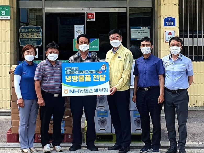 전광준 농협손보 경기지역총국장(사진 왼쪽 네 번째)과 직원들이 경기도 이천시 율면을 찾아 박병건 율면농협 조합장(사진 왼쪽 세 번째)과 율면 이장들에게 냉방물품을 전달하고 기념촬영하고 있는 모습. 사진ㅣNH농협손해보험