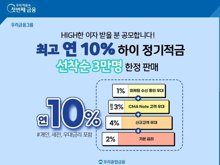 우리종합금융이 MZ세대 겨냥 최고 연 10% 하이정기적금을 출시했습니다. 이미지ㅣ우리은행