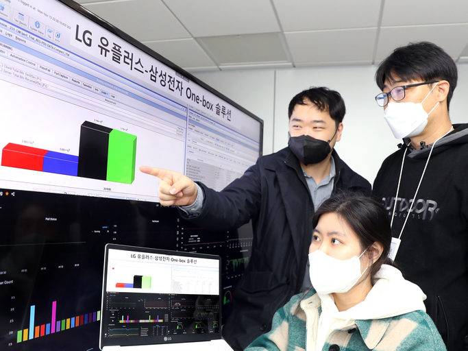 LG유플러스는 5G 기업전용망 솔루션의 경쟁력을 강화하기 위해 삼성전자의 One-box(원박스) 솔루션에 대한 실증을 완료했다고 22일 밝혔다. 사진은 LG유플러스 직원들이 삼성전자 원박스 솔루션의 실증 결과를 리뷰하고 있는 모습. 사진ㅣLG유플러스