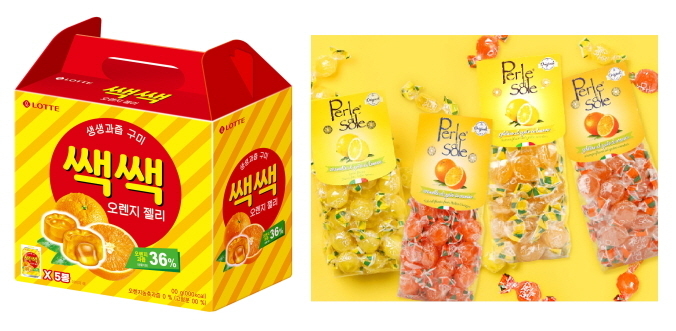 쌕쌕 오렌지맛젤리 기획세트(왼쪽), 페를레 디 솔레 이탈리아 캔디(입덧캔디). 이미지ㅣ이마트24