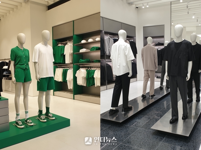 '익스클루시브 컬러' 아이리시 그린 제품(왼쪽)과 1층 남성 제품 코너(오른쪽). 사진ㅣ인더뉴스