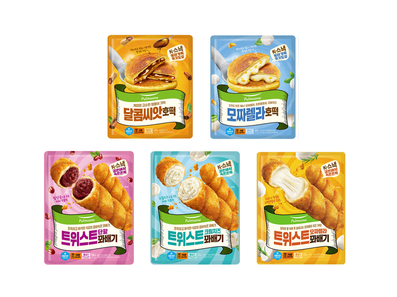 풀무원 냉동 스낵류 신제품 5종(윗줄부터 ‘쫄깃바삭 호떡’ 2종 ‘트위스트꽈배기’ 3종). 이미지ㅣ풀무원