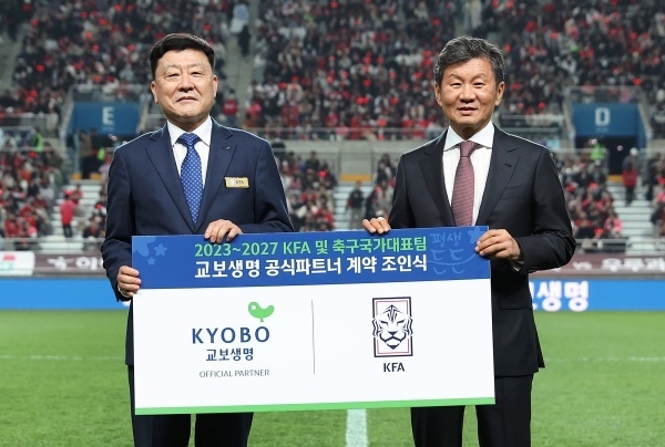 왼쪽부터 편정범 교보생명 대표이사 사장, 정몽규 대한축구협회장. 사진ㅣ교보생명