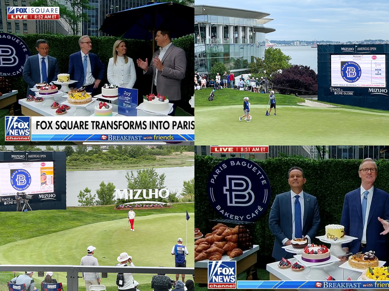 6월 4일 미국 뉴저지주 리버티 내셔널GC에서 열린 LPGA 미즈호 아메리카스 오픈 경기 중에 파리바게뜨 스폰서 로고가 노출되고 있는 모습과 6월 6일 미국 전역에 방송되는 아침뉴스 쇼 프로그램 ‘폭스 앤 프렌즈'에 파리바게뜨 제품이 등장한 장면. 이미지ㅣSPC