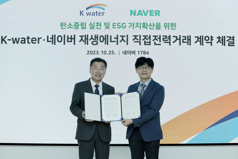 네이버가 한국수자원공사와 직접전력거래 계약을 체결했다. 왼쪽부터 장병훈 한국수자원공사 수자원환경부문장과 임동아 네이버 대외ESG 정책 책임리더. 사진|네이버