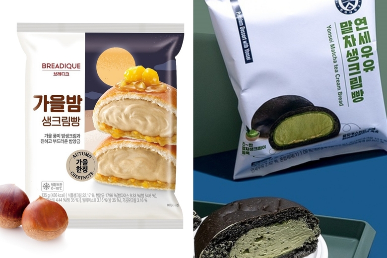 GS25 '브레디크 가을밤 생크림빵'(왼쪽)과 CU '연세우유 말차 생크림빵'(오른쪽). 이미지ㅣ각사