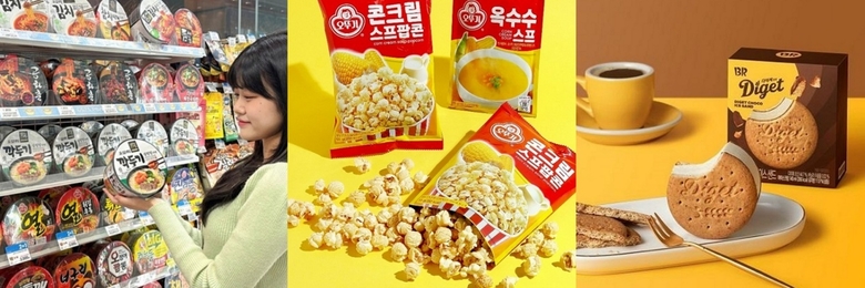 (왼쪽부터)GS25 오모리깍두기설렁탕라면, 오뚜기 콘크림스프 팝콘, 배스킨라빈스 다이제 초코 아이스 샌드. 이미지ㅣ각사