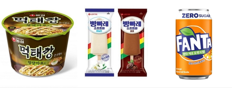 (왼쪽부터)농심 먹태깡 큰사발면, 롯데웰푸드 빵빠레 소프트바 2종, 코카콜라 환타 제로 오렌지향. 이미지ㅣ각사