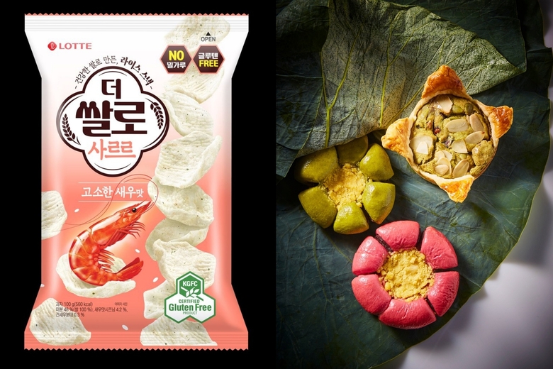 롯데웰푸드 '더쌀로 사르르 고소한새우맛'과 신세계푸드 사찰식베이커리 2종. 이미지ㅣ각 사