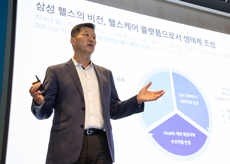 28일 개최된 '삼성 헬스 파트너 데이(Samsung Health Partner Day)'에서 '삼성 헬스'에 대해 소개하는 박헌수 삼성전자 MX사업부 디지털 헬스팀 팀장. 사진|삼성전자
