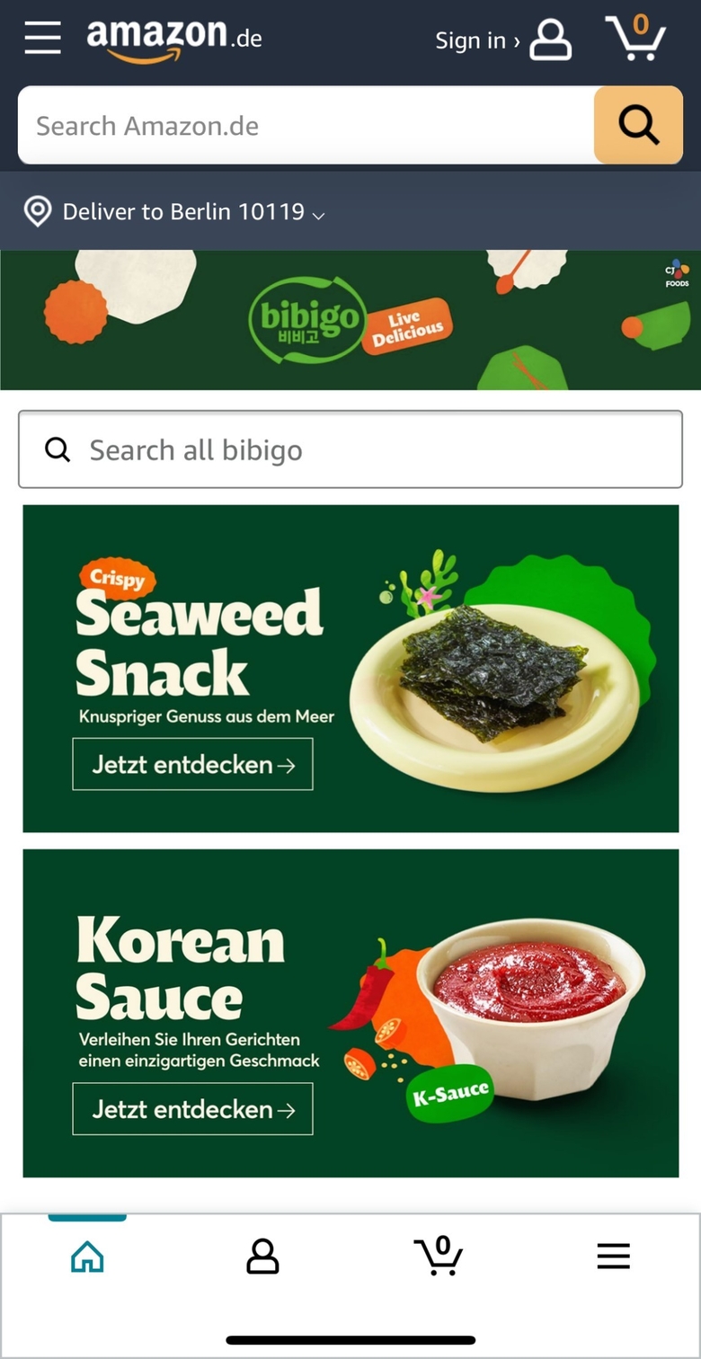 독일 아마존에 입점한 '비비고 스토어'에서 판매 중인 김과 K-소스. 이미지ㅣCJ제일제당