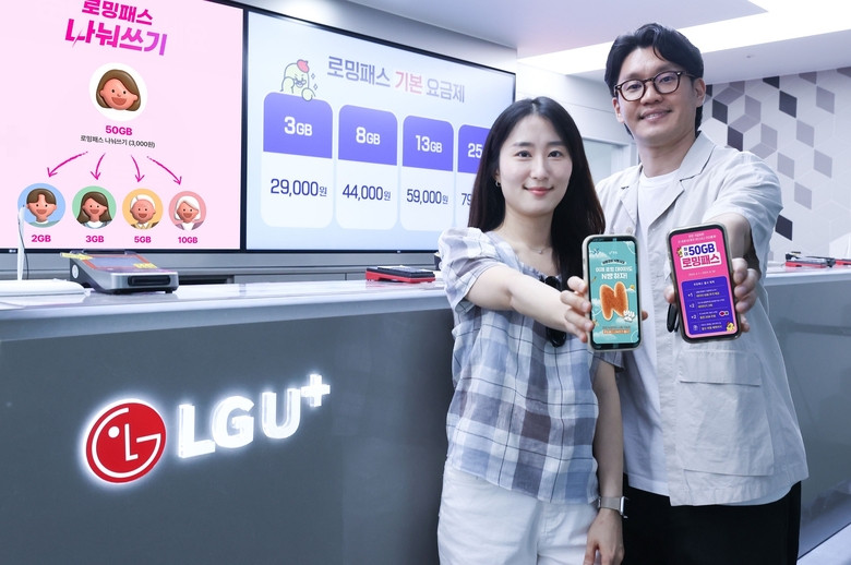 인천공항 내 로밍 센터에서 ‘로밍패스 나눠쓰기’를 소개하는 LG유플러스 임직원. 사진|LG유플러스