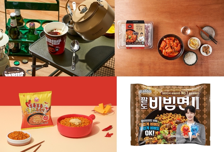(왼쪽 위부터 시계 방향)CJ제일제당 '부먹밥', 더본코리아 '바다장어 무조림 밀키트', 팔도 '팔도비빔면Ⅱ', 오뚜기 '보들보들 치즈볶음면 매운맛'. 이미지ㅣ각사
