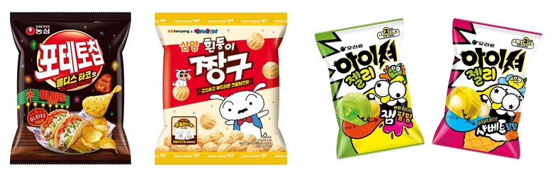 (왼쪽 위부터 시계 방향)농심 '포테토칩 올디스 타코맛', 삼양식품 '흰둥이 짱구', 오리온 '아이셔 젤리'. 이미지ㅣ각사