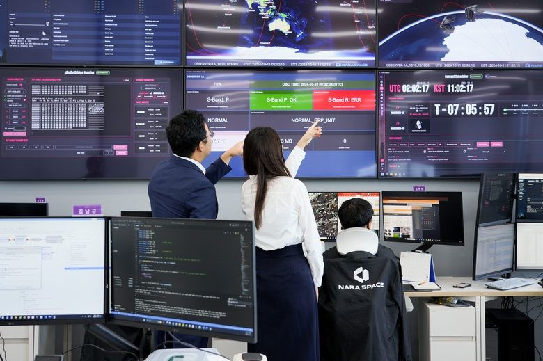 KT, KT SAT, 나라스페이스 직원들이 나라스페이스 R&D센터에서 위성관제 모니터링을 하는 모습. 사진|KT