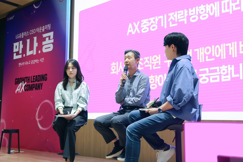 직원들의 AX 전략 관련 질문에 답변하는 황현식 LG유플러스 대표. 사진ㅣLG유플러스