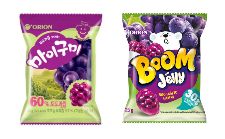  마이구미 한국 제품(왼쪽)과 베트남에서 파는 마이구미(붐젤리). 이미지ㅣ오리온