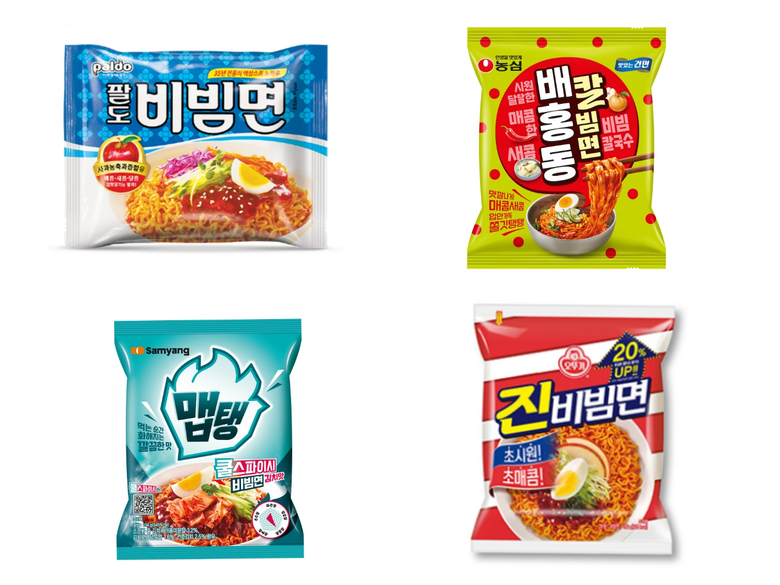(왼쪽 위부터 시계방향) 팔도 '팔도비빔면', 농심 '배홍동칼빔면', 오뚜기 '진비빔면', 삼양식품 '맵탱 쿨스파이시 비빔면 김치맛'. 이미지ㅣ각사