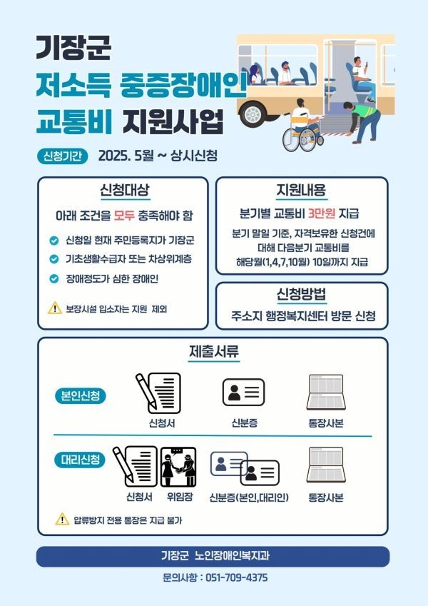 기장군 저소득 중증장애인 대상 교통비 지원사업 안내문. 이미지ㅣ기장군 