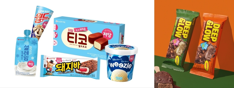롯데웰푸드 저당 아이스크림 5종 제품(왼쪽)과 빙그레 저당 아이스크림 브랜드 ‘딥앤로우’(오른쪽). 이미지ㅣ각사