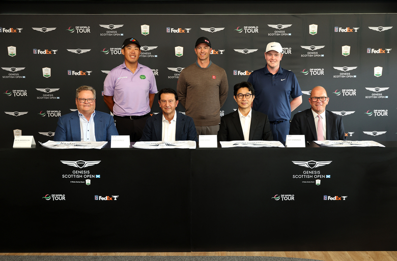 (왼쪽부터) PGA 투어 최고 커머셜 책임자 릭 앤더슨(Rick Anderson), PGA 투어 안병훈(Ben An) 선수, 현대차 대표이사 호세 무뇨스 사장, PGA 투어 아담 스콧(Adam Scott) 선수, 제네시스사업본부장 송민규 부사장, DP 월드투어 로버트 매킨타이어(Robert MacIntyre) 선수, DP 월드투어 최고경영자 가이 키닝스(Guy Kinnings). 사진 ㅣ 현대자동차