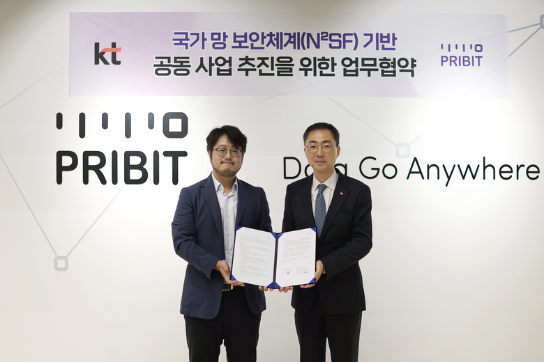 KT와 프라이빗테크놀로지 간 업무협약 체결 후 양사 임직원이 단체 기념사진을 촬영하는 모습. 사진ㅣKT