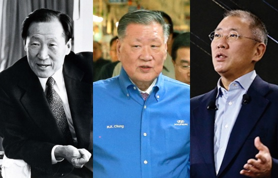 왼쪽부터 정주영 창업회장, 정몽구 명예회장, 정의선 현대자동차그룹 회장. 사진ㅣ현대자동차그룹
