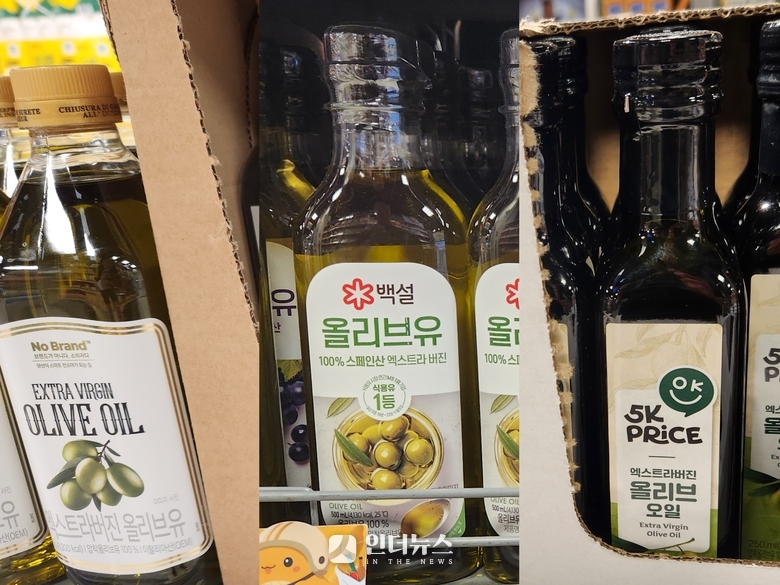 (왼쪽부터)노브랜드 올리브오일, 백설 올리브오일, 5K프라이스 올리브 오일. 사진ㅣ인더뉴스